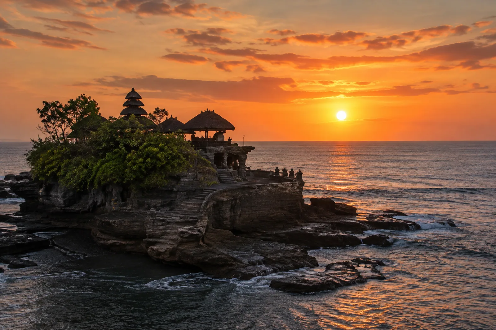 Sea temples meet the sunset: arrive an hour before it.